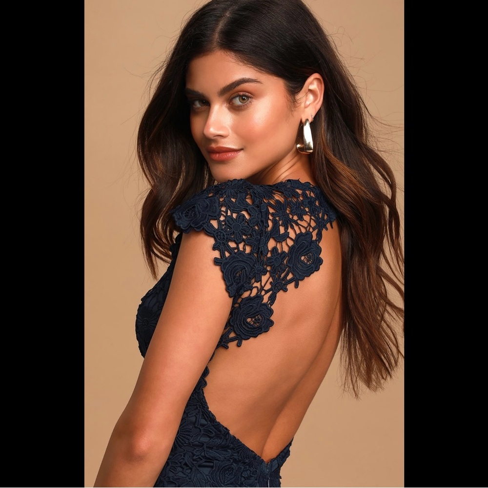 LULUS Romance Language Mini Navy Blue Backless Lace Mini Dress Size XS
